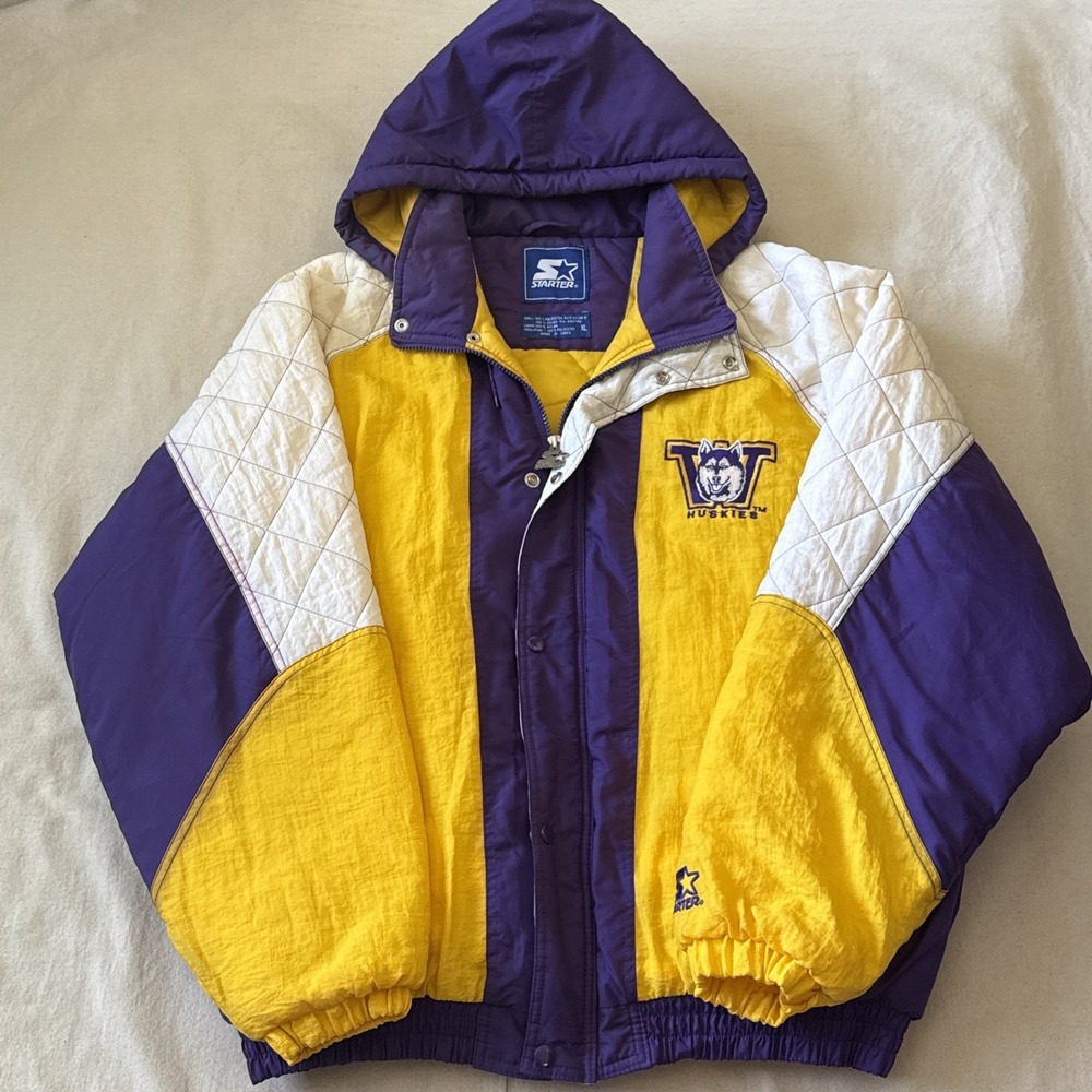 VTG 90s NCAA WASHINGTON HUSKIES STARTER PULLOVER HOODED PUFFER JACKET SIZE XL